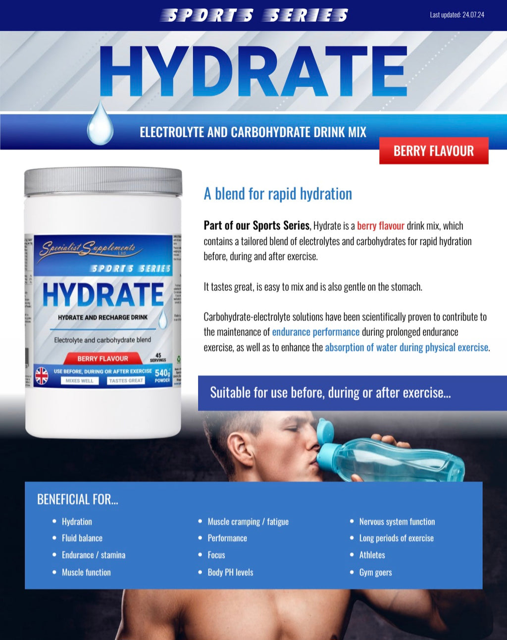 Electrolyte and carbohydrate Berry flavoured hydration drink mix - 540g powder