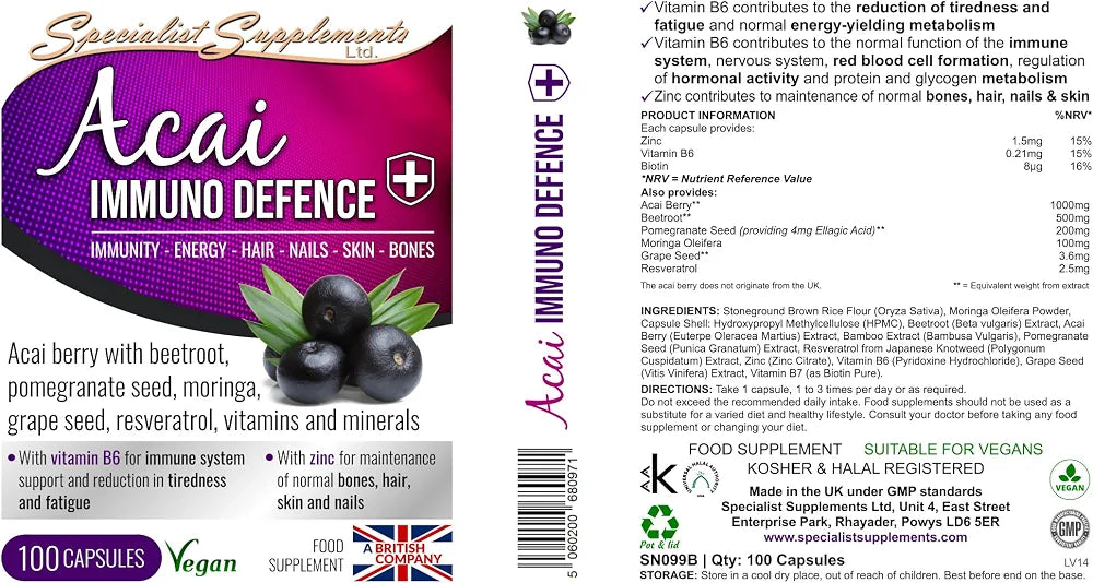 Organic Acai superfood supplement antioxidant and immunity - 100 capsules
