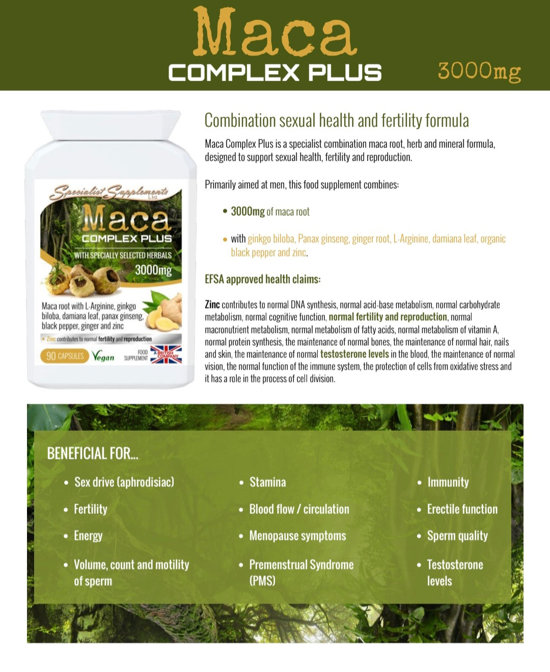 Organic Maca complex plus for sexual health and fertility - 90 capsules